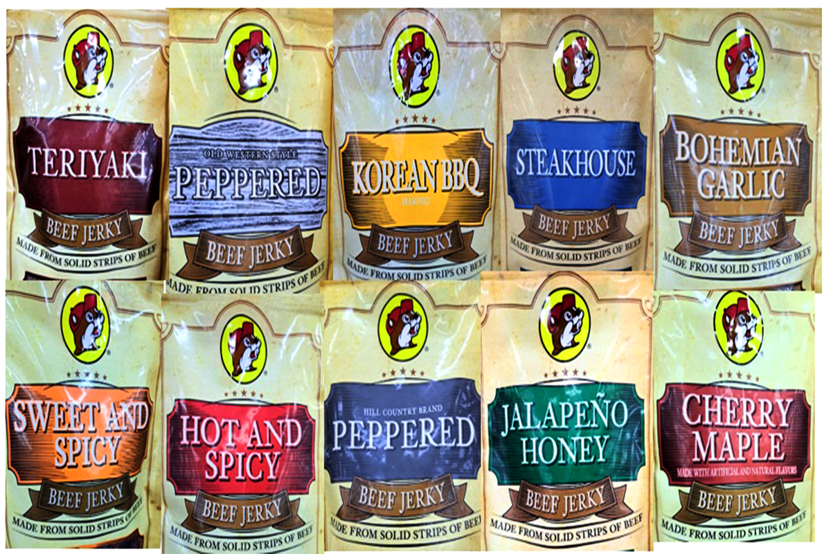 10 fkavors of Buc-ees Beef Jerky