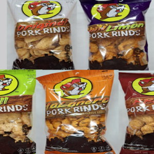 A picture of 5 varieties of Buc-ees famous pork rinds.