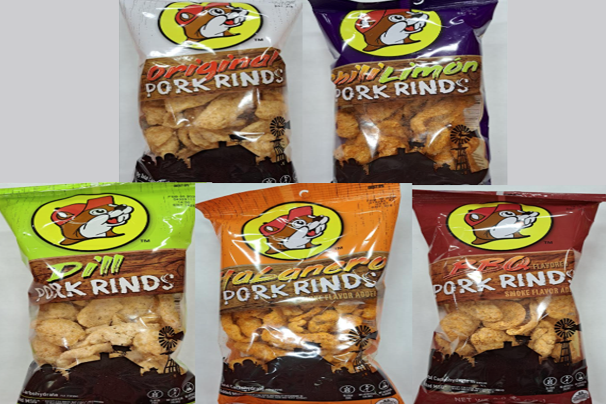 A picture of 5 varieties of Buc-ees famous pork rinds.
