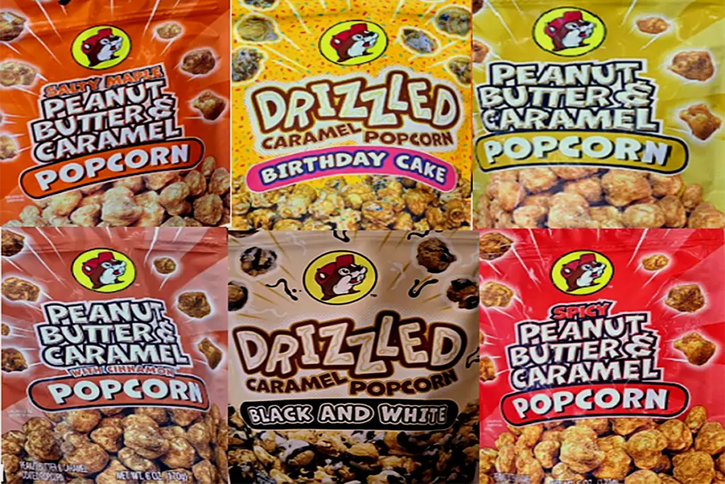 Showing 6 varieties of Drizzled Buc-ees Popcorn