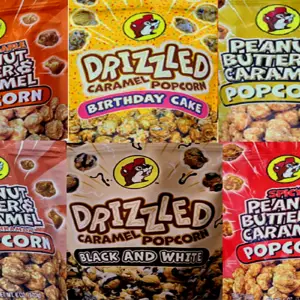 Showing 6 varieties of Drizzled Buc-ees Popcorn