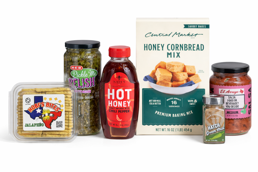 Crackers, Relish, Hot Honey, Jalapeno Cornbread, Hatch seasoning, and Salsa
