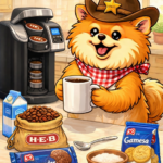Sheriff Rocco enjoying Texas HEB coffee shipped to him by HowdyHowdyUSA.com