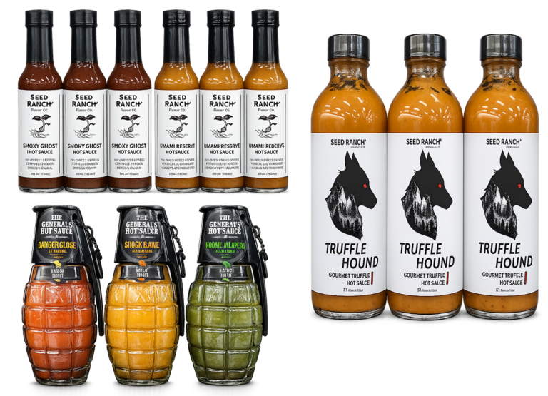 Seed Ranch's Smoky Ghost, Umami Reserve and Truffle Hound Hot Sauces along with The General's Hot Sauces
