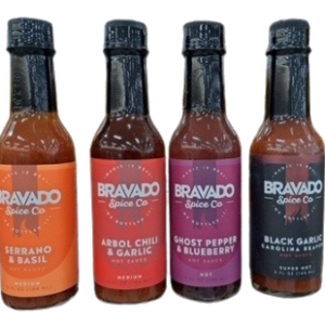 Four varieties of Bravado Spice Co hot sauces