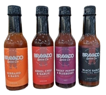 Four varieties of Bravado Spice Co hot sauces